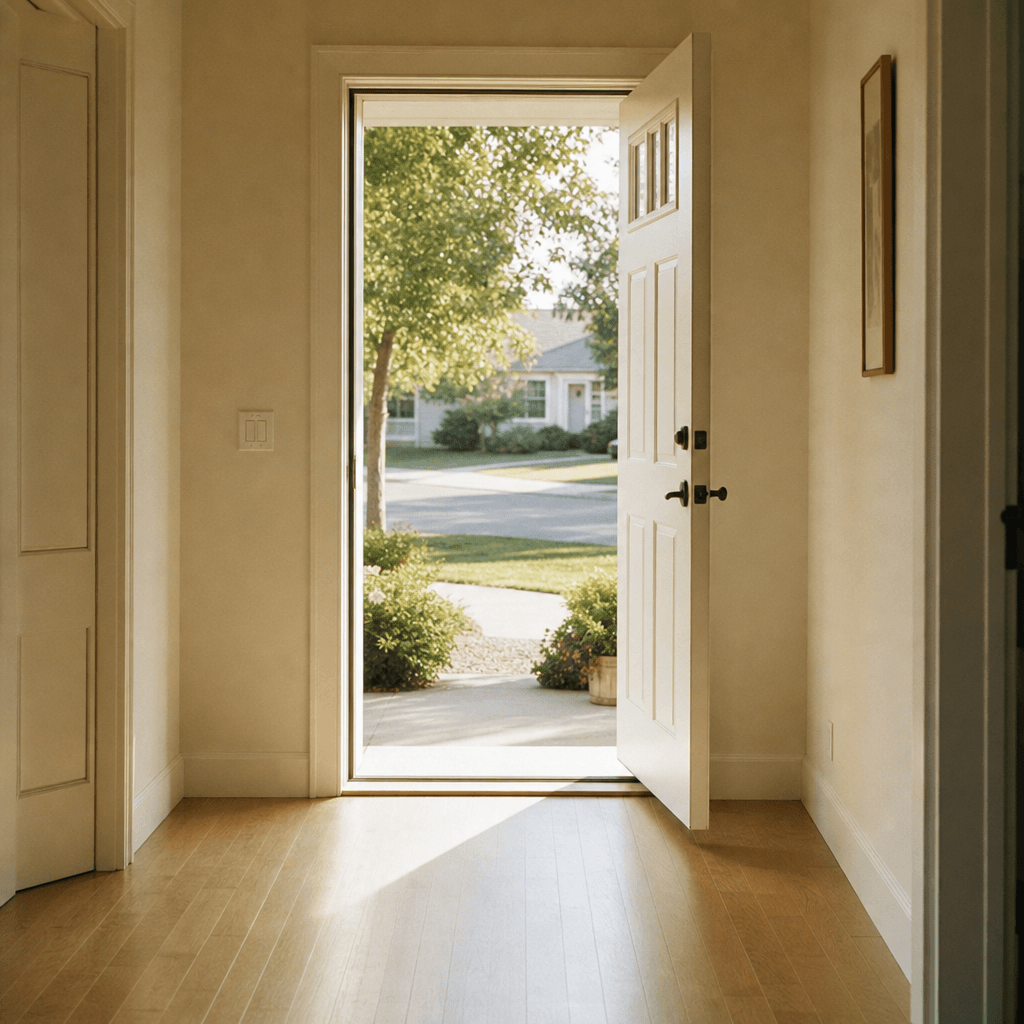 An open front door and a clean, bright entryway