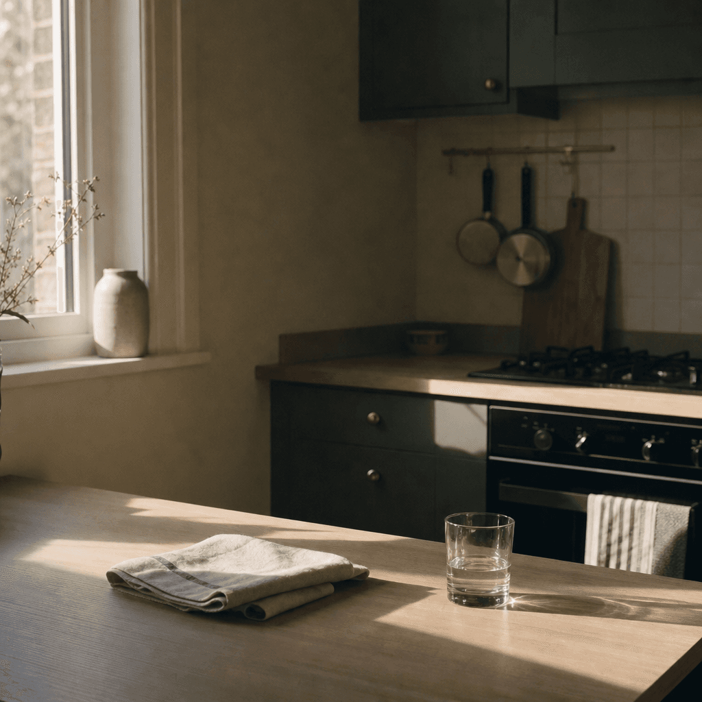 Morning light on a clean kitchen counter