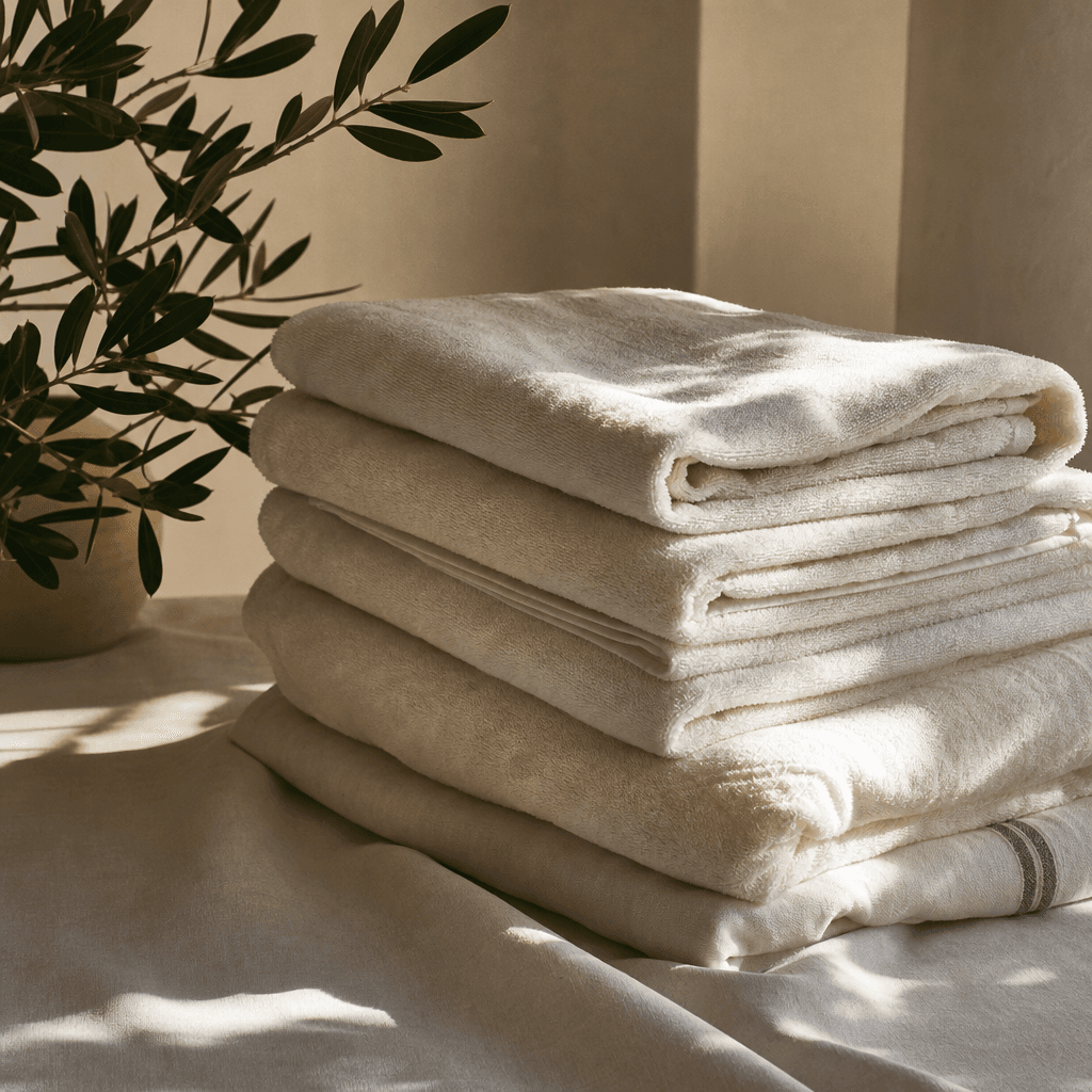 Folded towels in warm afternoon light